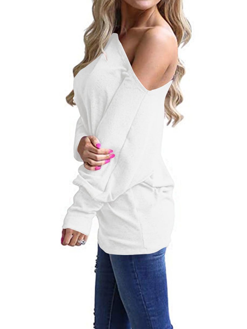 Poetsky Women's Off Shoulder Tops Casual Loose Shirt Batwing Sleeve Tunics Blouse, White, M - Image 2
